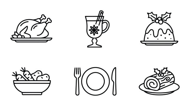 Christmas dinner icons set with roast turkey, mulled wine, pudding, Yule log and vegetables for festive meals