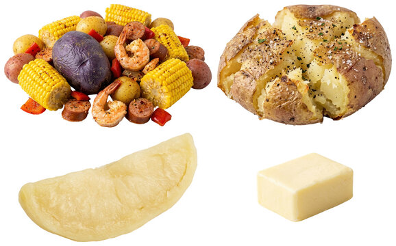 A collection of boiled potato pieces and a pat of butter representing classic seafood boil side dish components.