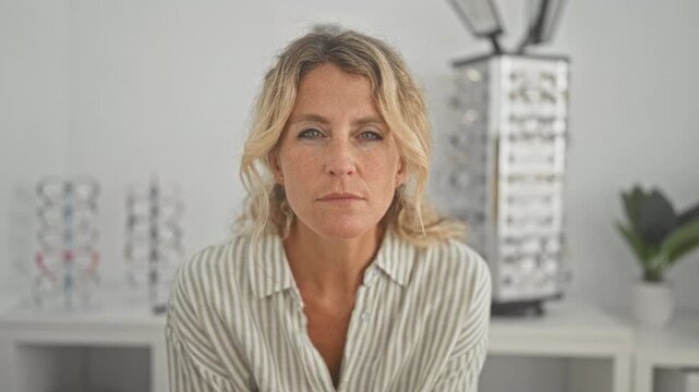 Woman seated leaning slightly forward with neutral gaze, bare face visible and eyeglass frame displays and lens equipment behind in optical clinic; quiet concern.