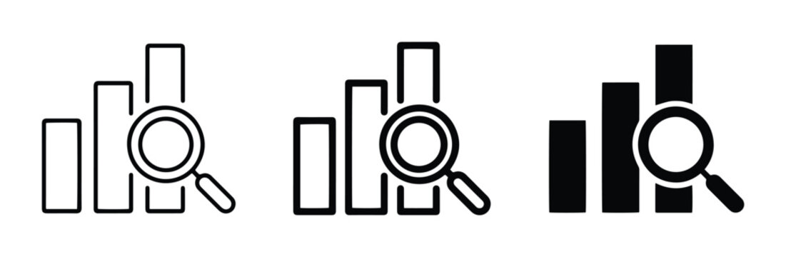 Bar chart analytics icons set with magnifying glass, data research and growth analysis for business