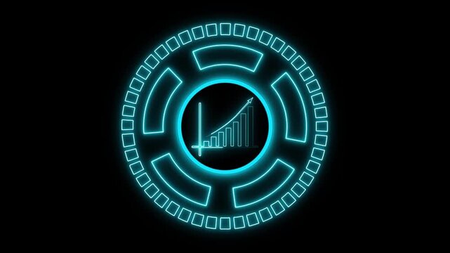 Circular interface animation displays an upward trend chart. Revenue growth data guides circular interface animation. Corporate economic analytics route on the interface.