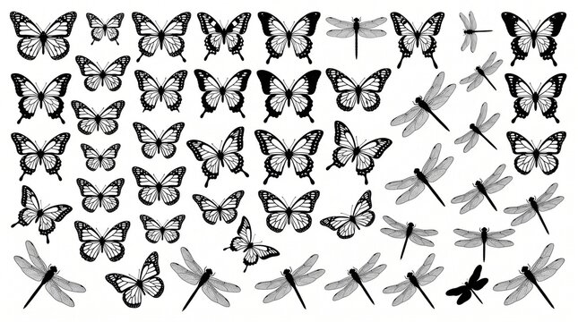 Black and white vector set of various butterflies and dragonflies silhouettes and line art