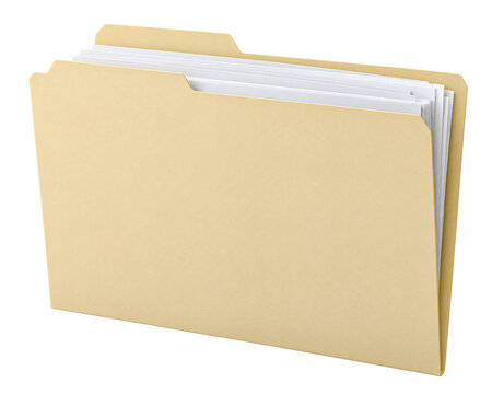 Manila file folder with papers isolated on transparent background for office documents and paperwork