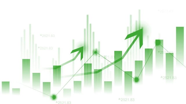 Dark abstract financial chart with glowing bar and line graph elements animation