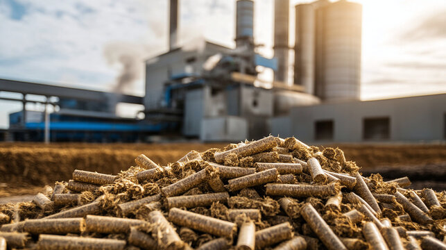 Industrial biomass wood pellets pile in front of a modern production factory plant under a bright sunny sky eco friendly renewable fuel energy source concept commercial photography for green power con