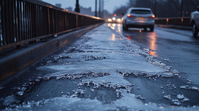 Winter morning urban bridge scene featuring wet asphalt road covered with melting ice and slush, cars driving in distance under cold blue light with dramatic reflections, seasonal hazard transportatio