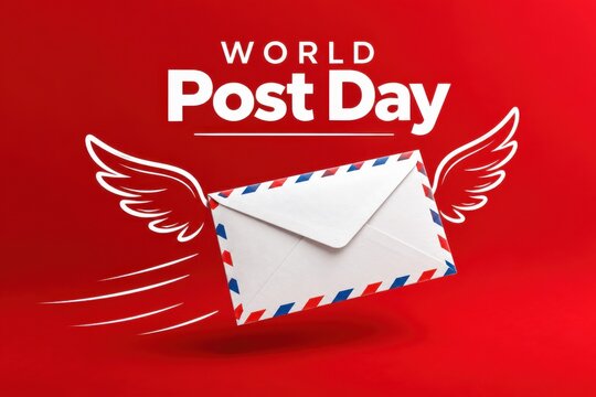 World Post Day celebration with a flying envelope conveying messages during global communication