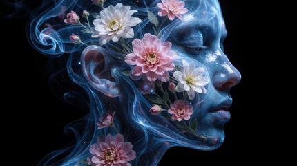 Fototapeta premium Surreal profile of woman with glowing blue skin, pink flowers. Ethereal floral elements bloom from face, hair in dark space. Concept of mental health, blooming mind, spiritual growth, inner beauty