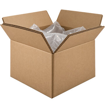  brown cardboard box with open flaps containing inflated air cushion packaging for protection during shipping.