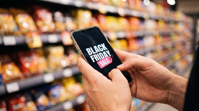 Man holding smartphone with Black Friday Sale on screen in supermarket aisle, grocery shopping, mobile shopping, discount, deal, close-up hands