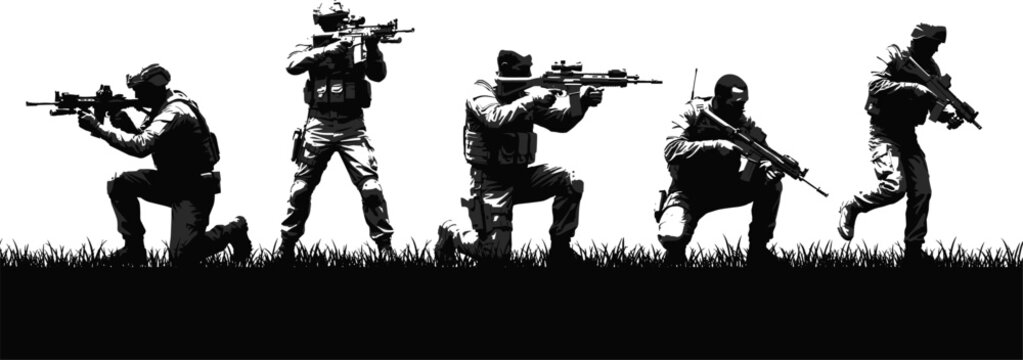 Silhouette of a tactical military squad, five soldiers in combat gear with rifles kneeling and standing in tall grass against a white background