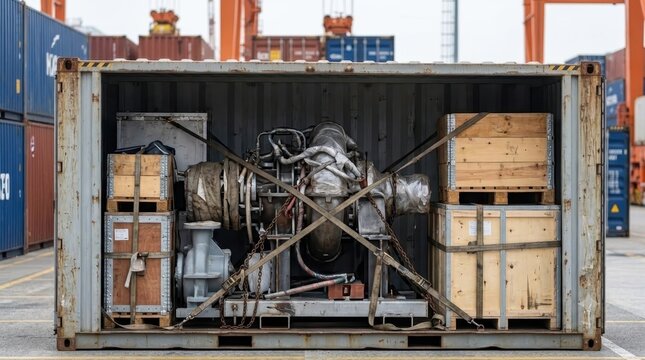 Industrial heavy machinery and wooden crates secured with straps inside freight shipping cargo container