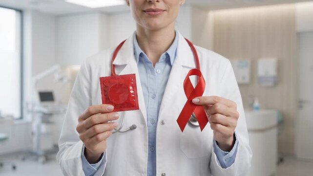 Physician Holding Condom and Red Ribbon for AIDS HIV Awareness