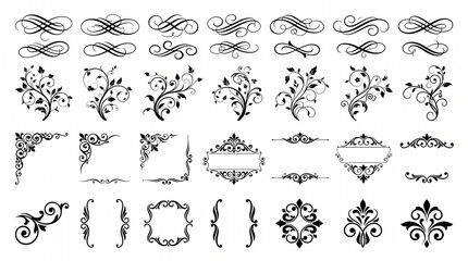 Obraz premium Black and white vector set of vintage floral flourishes, dividers, and decorative corners