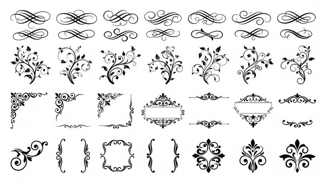 Black and white vector set of vintage floral flourishes, dividers, and decorative corners