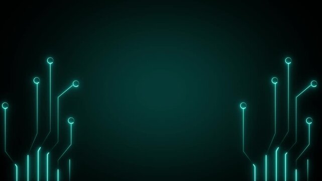 Circuit board traces animation displays symmetrical paths. Computing processor data routes circuit board traces animation. Electronic motherboard data streams on these traces.