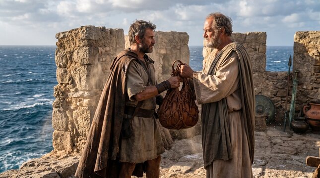Odysseus meets an elderly man on the rocky coast of Ithaca after his long journey home, inspired by Homer&rsquo;s ancient Greek epic Odyssey.