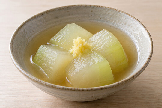 Simmered winter melon in a Japanese ceramic bowl