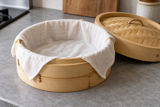 Cotton steaming cloth lining a bamboo steamer