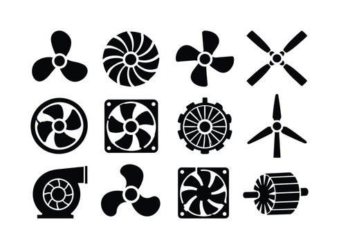 Industrial Rotor Symbols &mdash; solid glyph icon set, exact quantity: 12 fully filled black glyphs showing propeller, turbine blade, ship screw, airplane rotor, ventilation fan, cooler fan, engine rotor,