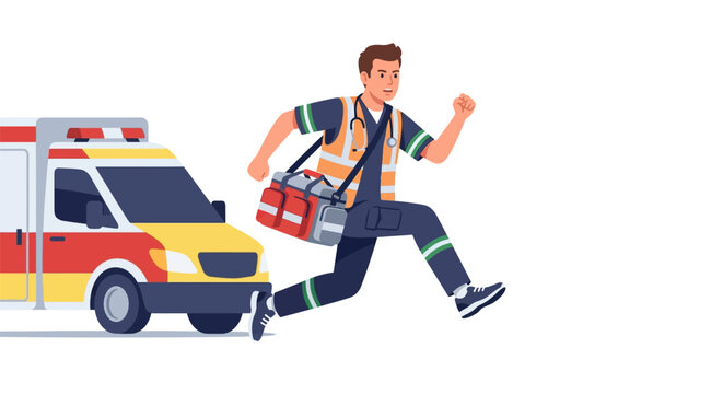 Professional male paramedic running urgently with medical bag near an ambulance for emergency response flat vector illustration.