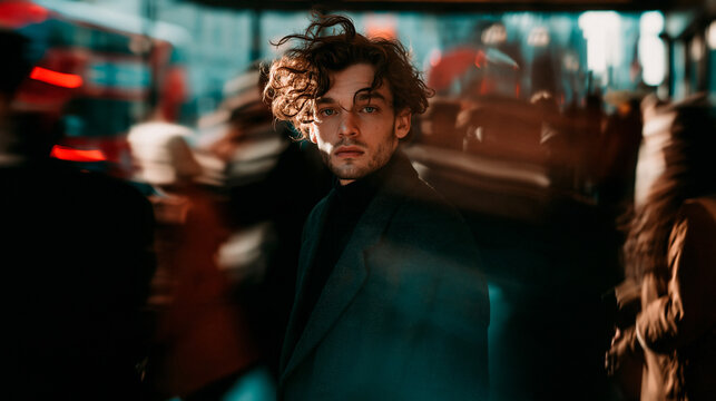 Close-up of a stylish young man with curly hair looking at the camera, dynamic city life in the background with motion blur background