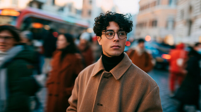 Close-up of a stylish young man in a coat looking at the camera, dynamic city life in the background with motion blur background