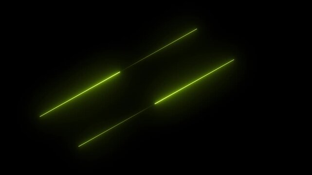 Neon yellow glowing parallel laser lines on black background, abstract light streaks motion effect for futuristic technology visuals