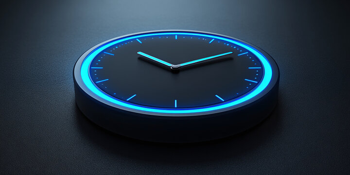 A modern minimalist clock with glowing neon blue light and dark metallic surface on dark background. Digital concept design for futuristic interior decor, technology concept and business schedule trac