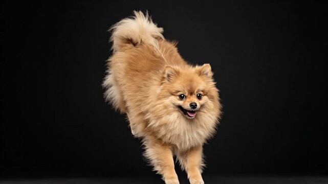 Fluffy pomeranian dog jumping mid air against solid black background