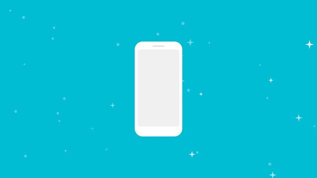 Flat style animation of a white generic smartphone with social media notification icons like heart and chat bubbles popping up on a bright blue background with sparkling particle effects