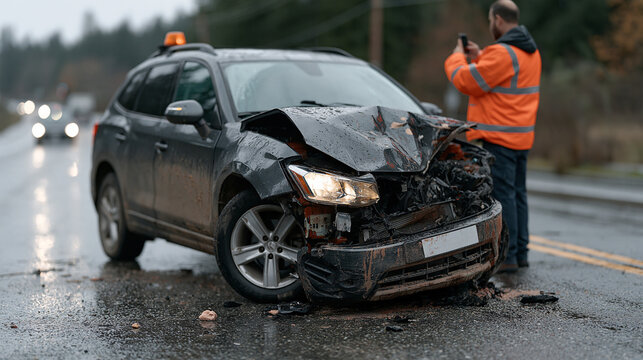 A crashed vehicle on a rain-soaked two-lane road with a claims adjuster photographing the damage with a phone, accident scene documentation, auto liability assessment and