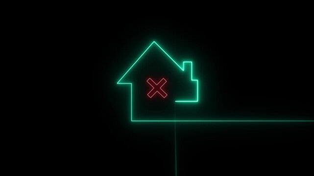 House outline animation displays a cancellation cross mark on dark space. Property foreclosure real estate alert data routes on house outline. Systems use house outline.