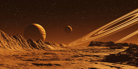 Fototapeta premium Stunning alien planetary landscape with rocky terrain, large gas giant planets in the background, a prominent ring system, and countless stars filling the deep dark cosmos night sky horizon perspectiv