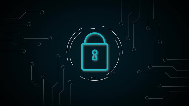Padlock icon animation connects to motherboard circuit board traces. Cybersecurity data privacy encryption telemetry routes on padlock icon. Defenses use active icon.