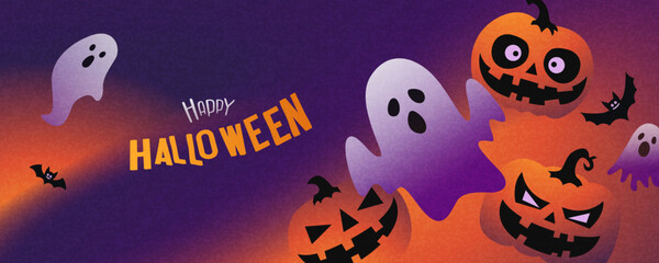 Obraz na płótnie Canvas Happy Halloween Greeting Banner with Cute Ghosts, Pumpkins and Bats on a vibrant purple and orange background. Design template for social media posts, web banners, online greetings and digital content
