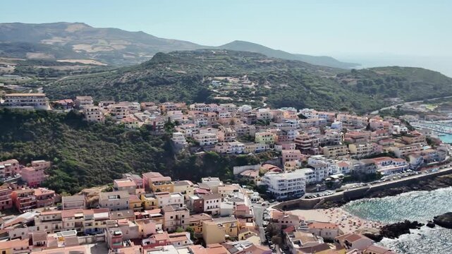 Panoramic view of the historic town of Castelsardo and the charming bay of Porto di Castelsardo on the northern coast of Sardinia, Italy