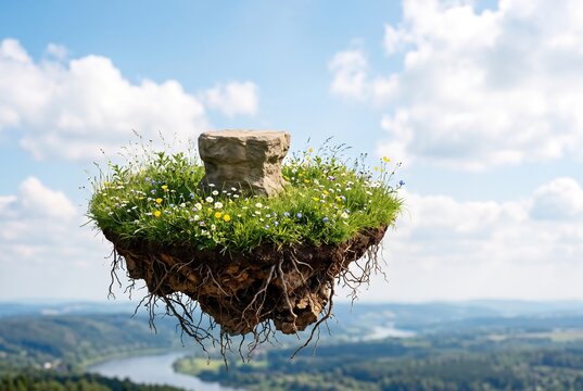 A podium is set on a patch of grass surrounded by flowers in an outdoor location. The sky is clear with clouds, and a river flows through the