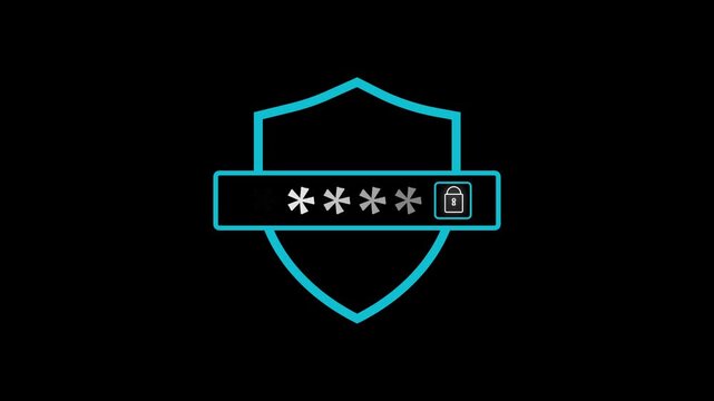 Shield icon animation displays an encrypted padlock and password dots. Digital account cybersecurity protection confirms on shield icon. Access portals use shield icon.