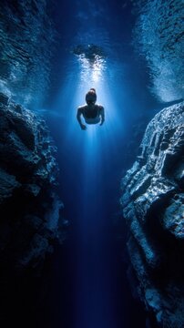 Diver swims in deep water among rocks during bright underwater light in clear ocean