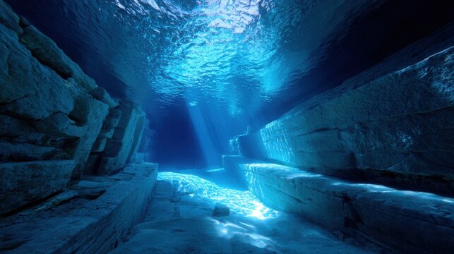 Exploring an underwater cave with sunlight filtering through the surface in a deep blue sea location