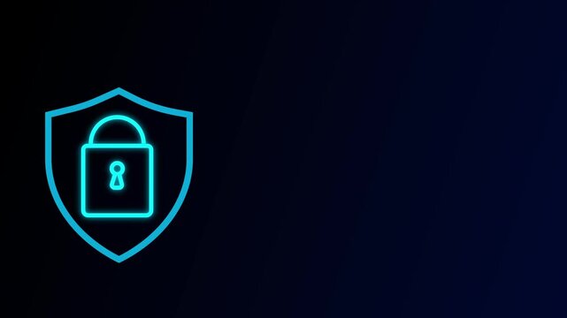 Shield icon animation displays an encrypted padlock and moving arrows. Cybersecurity data privacy defense telemetry routes on shield icon. Portals operate shield icon.