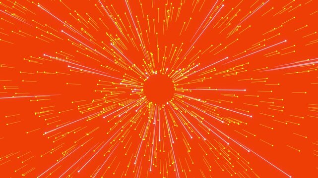 Abstract white light streaks and particles exploding outward on orange background