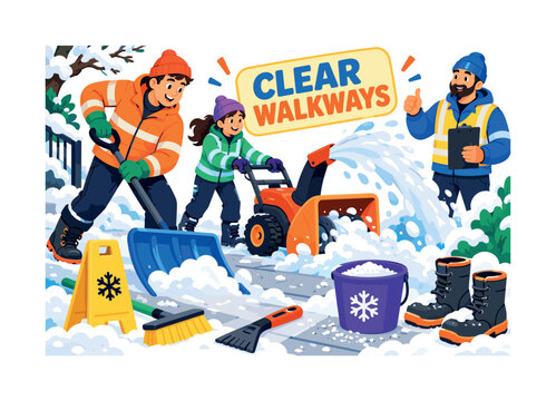 Sidewalk Snow Cleaning &mdash; two maintenance workers and a supervisor clear a walkway beside an oversized snow shovel and large compact snow blower, with salt bucket, broom, ice scraper, caution cone, and