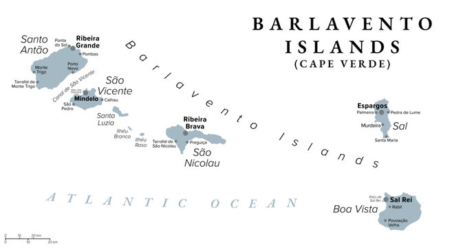 Barlavento Islands, Cape Verde (Cabo Verde), gray political map with capitals and largest settlements. Northern windward group of Cape Verde archipelago in the Atlantic off the coast of Africa. Vector