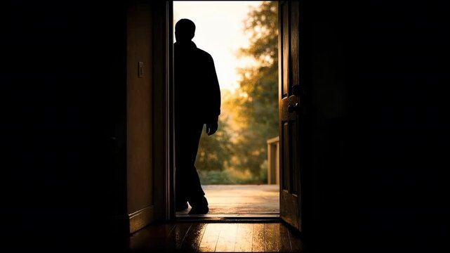 A person standing in a doorway, silhouetted against the background