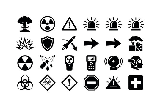 Atomic Explosion Warning, solid glyph icon set featuring mushroom-cloud blast symbol, radiation warning symbol, explosion burst, hazard triangle, emergency siren, protective shield, missile warning