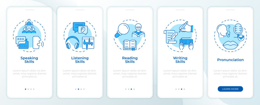 Foreign language proficiency monochrome blue onboarding mobile app screen. Modern corporate communication. UI UX walkthrough 5 steps. Editable graphic instructions with linear concepts