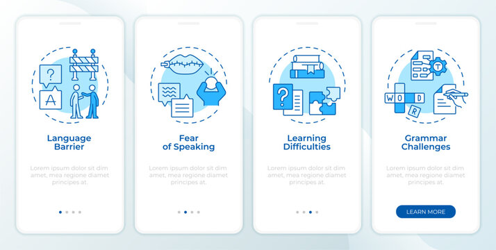 Language acquisition challenges monochrome blue onboarding mobile app screen. Conversational competence. UI UX walkthrough 4 steps. Editable graphic instructions with linear concepts