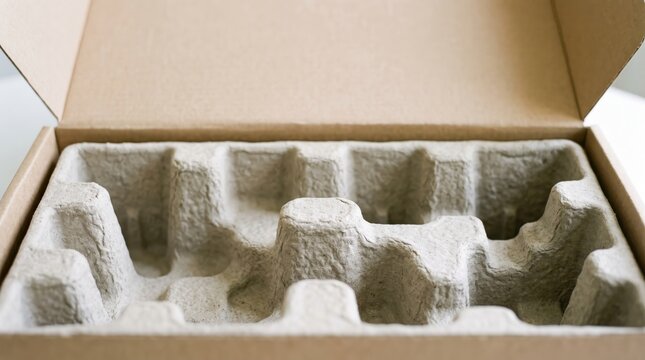 Sustainable box padding with molded pulp interior structure for safe shipping. Sustainable box padding features recycled paper protection.